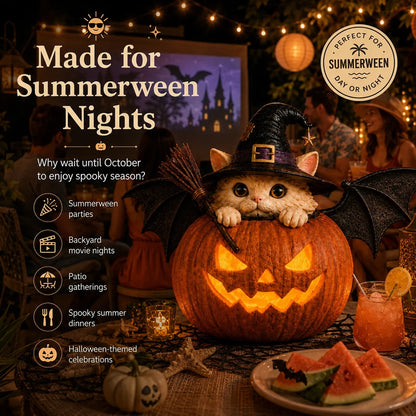 Decorative Summerween Lighted Witch Cat Pumpkin Decor with Flickering