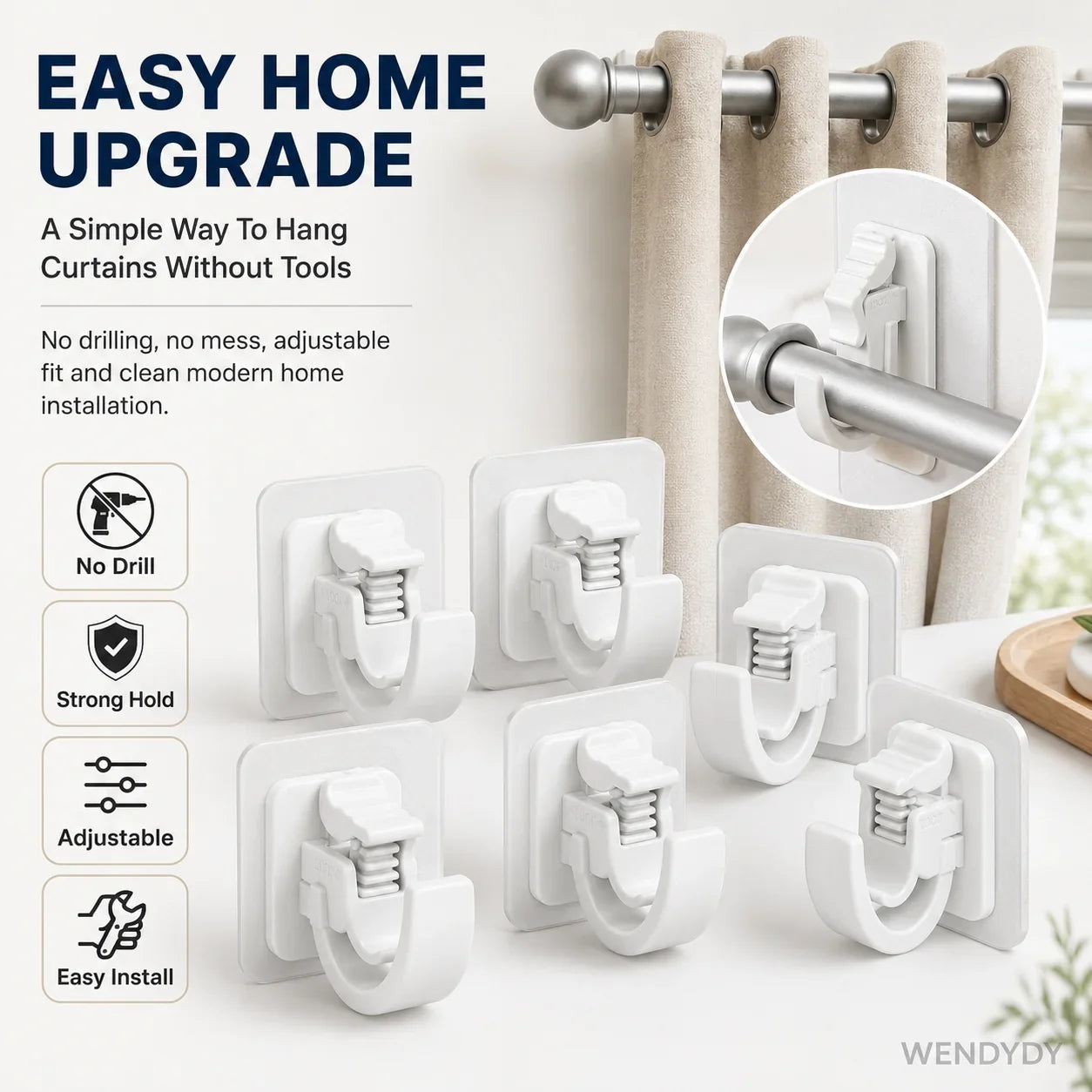 Space-Saving Nail- Adjustable Curtain Rod Hooks for Organized Storage