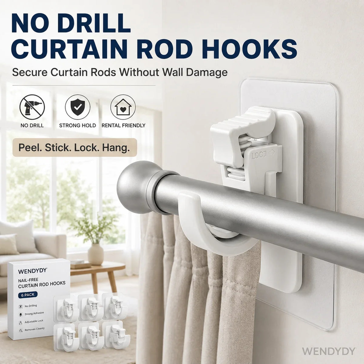 Space-Saving Nail- Adjustable Curtain Rod Hooks for Organized Storage