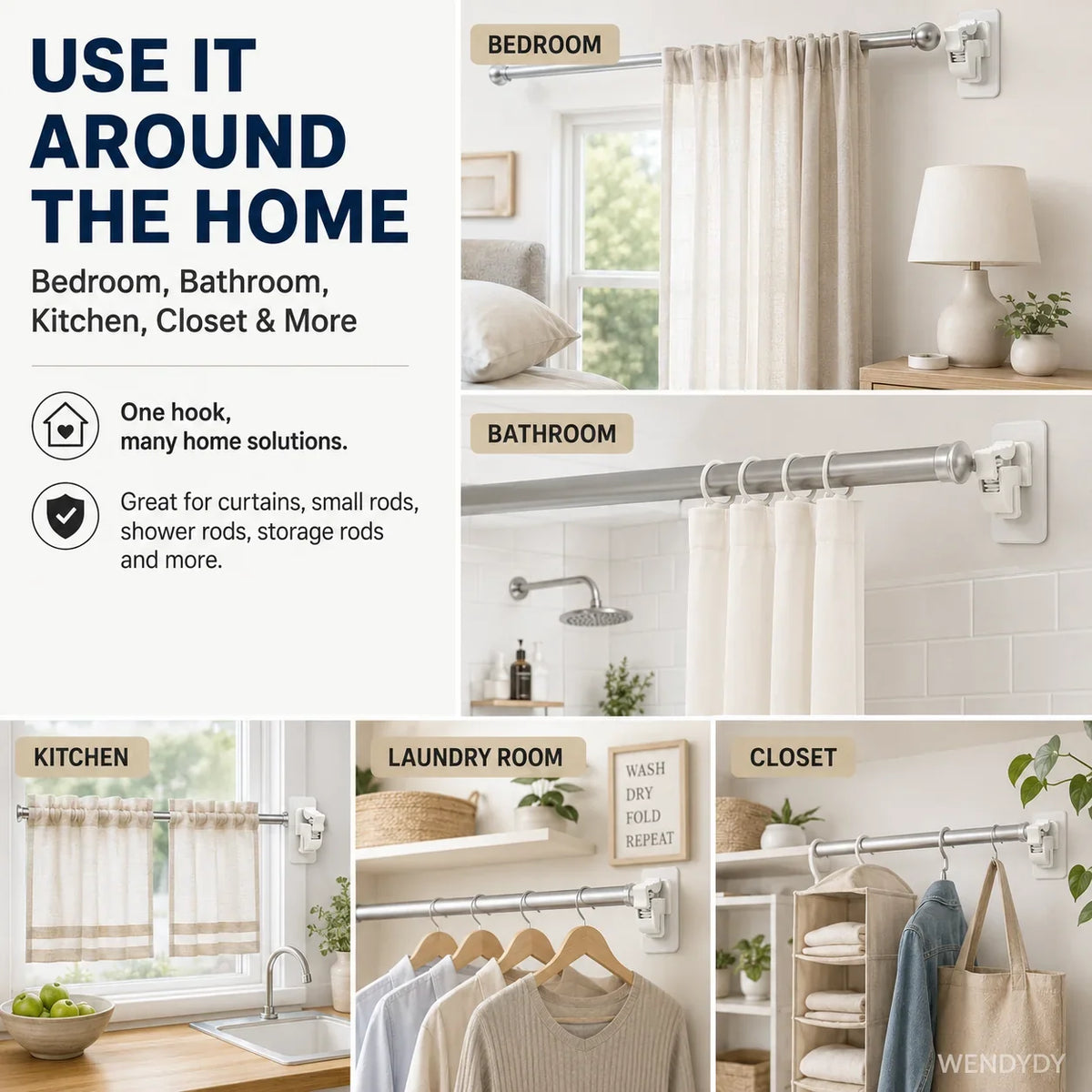 Space-Saving Nail- Adjustable Curtain Rod Hooks for Organized Storage