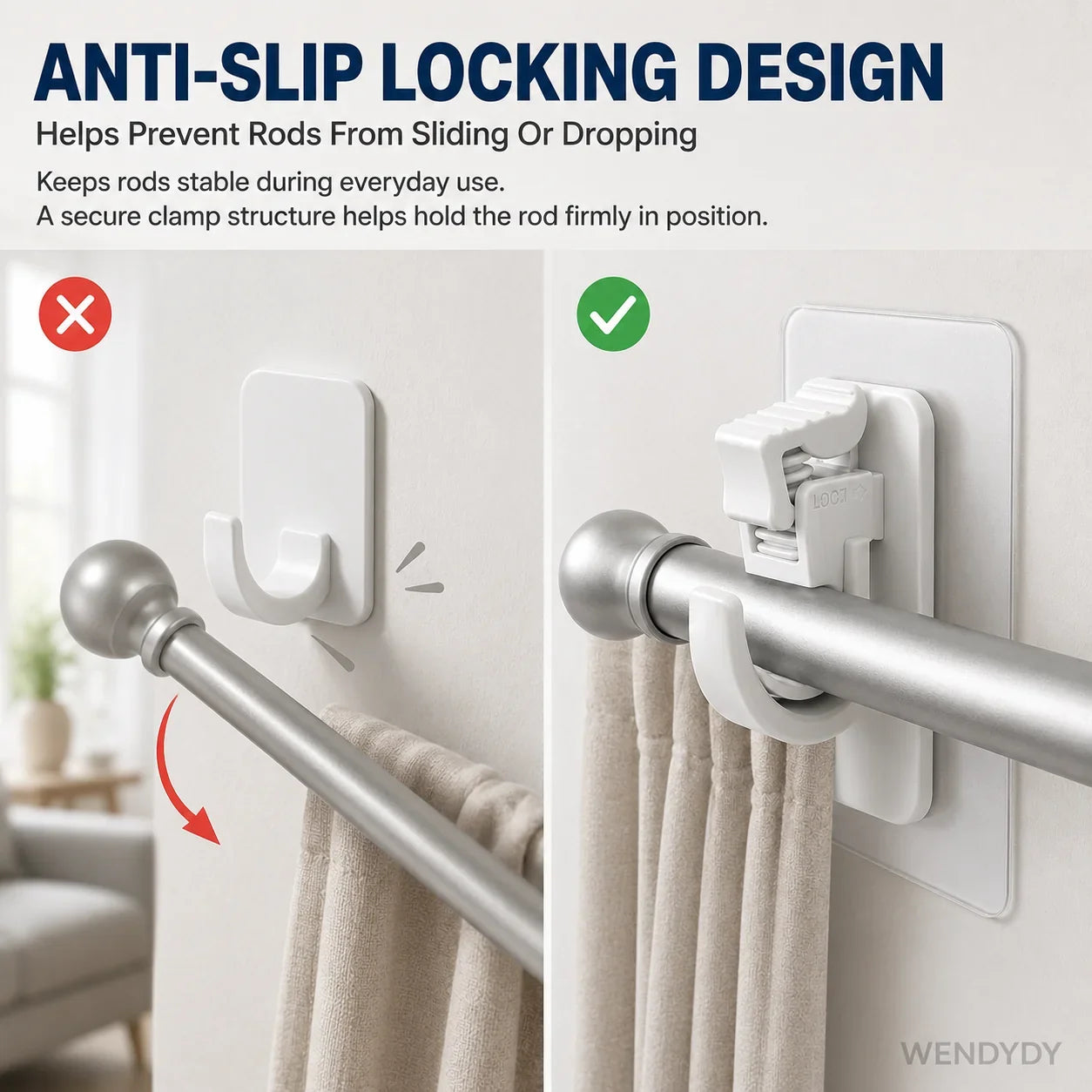 Space-Saving Nail- Adjustable Curtain Rod Hooks for Organized Storage