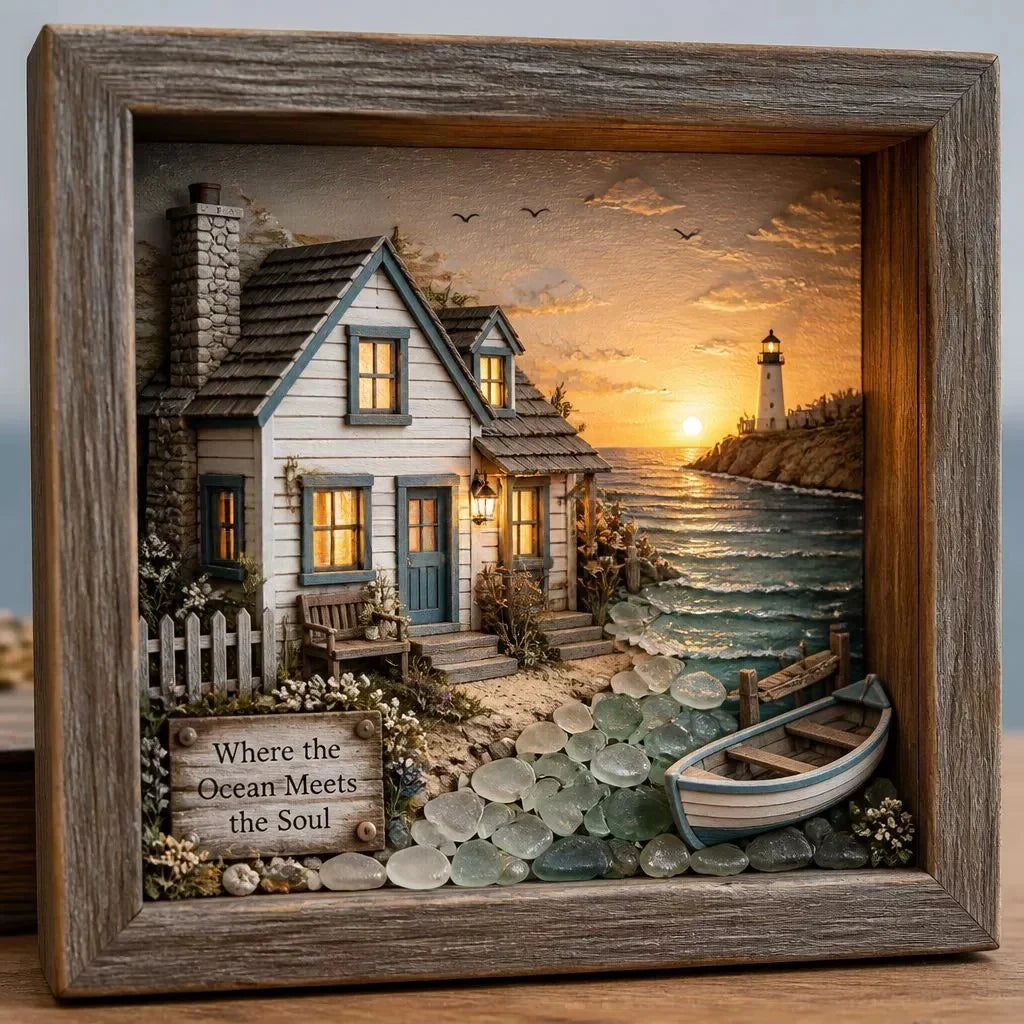 Decorative Coastal Lighthouse Sea Glass Shadow Box Night