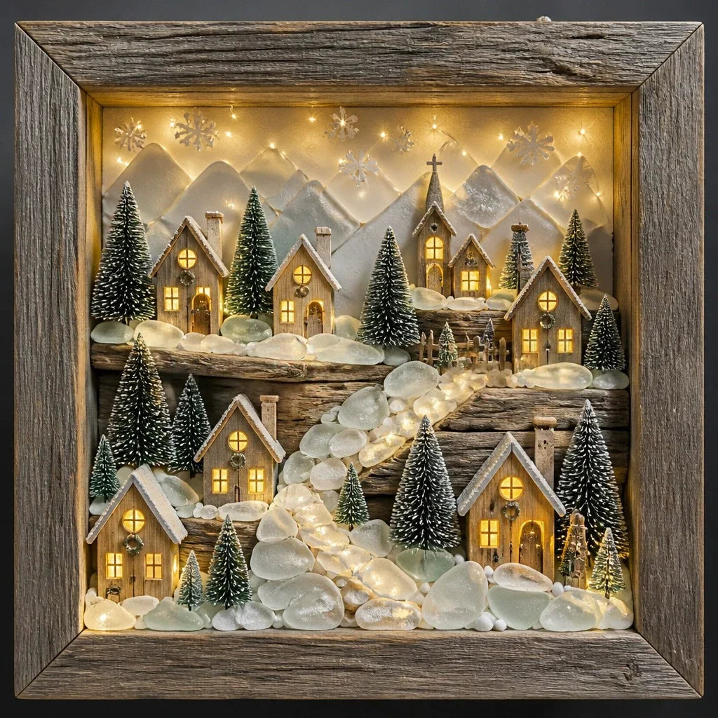Decorative Coastal Lighthouse Sea Glass Shadow Box Night