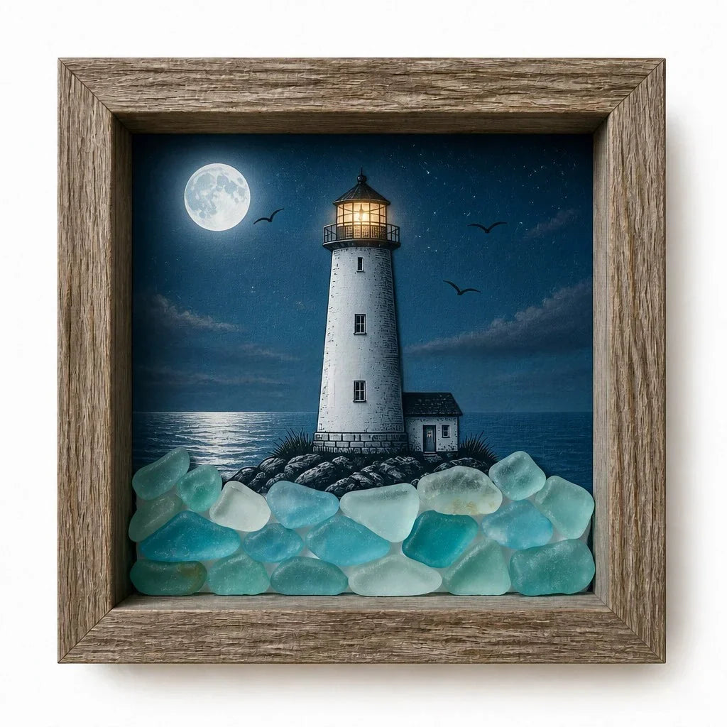 Decorative Coastal Lighthouse Sea Glass Shadow Box Night