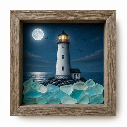 Decorative Coastal Lighthouse Sea Glass Shadow Box Night