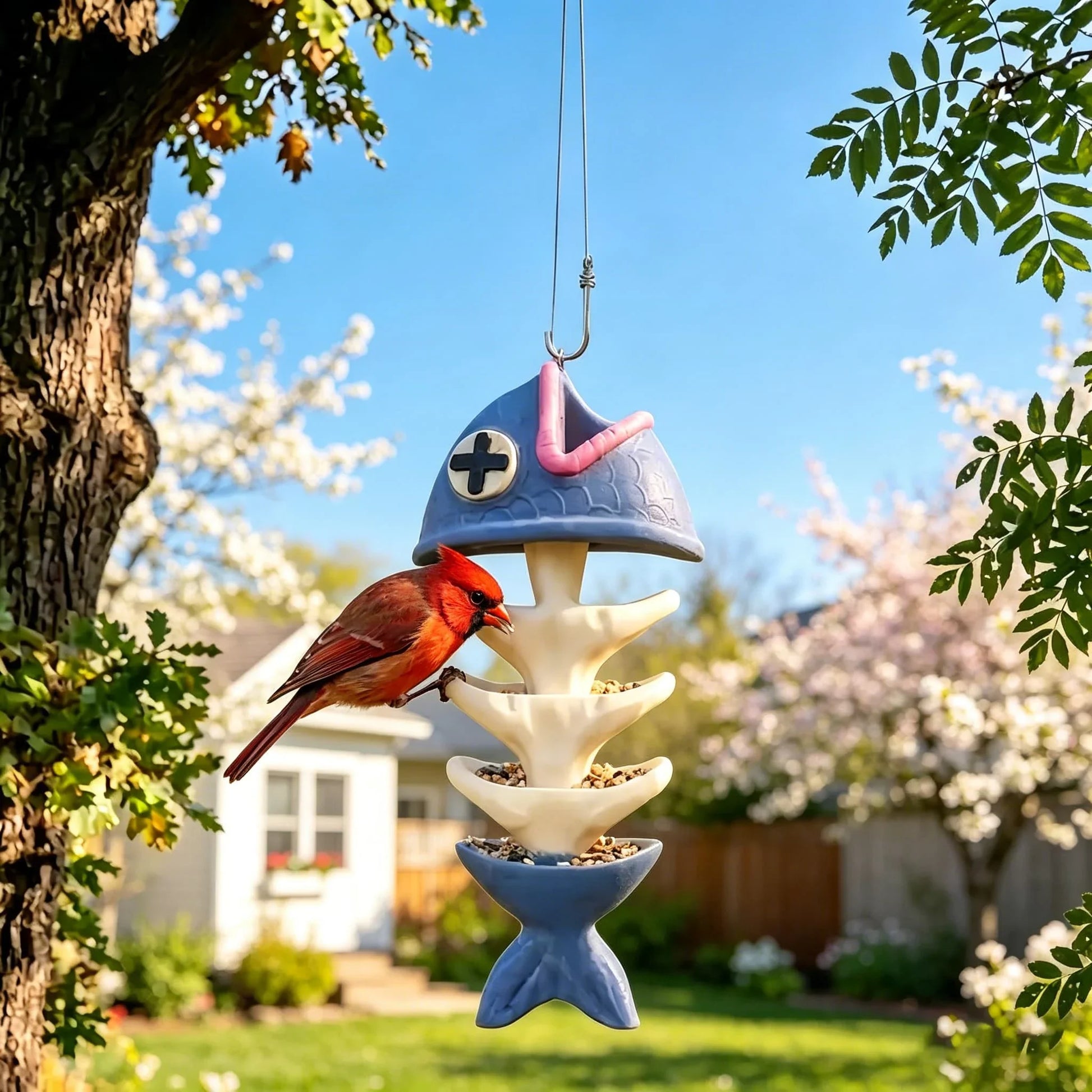 Outdoor-Ready Fish Skeleton Hanging Bird Feeder for Garden Display