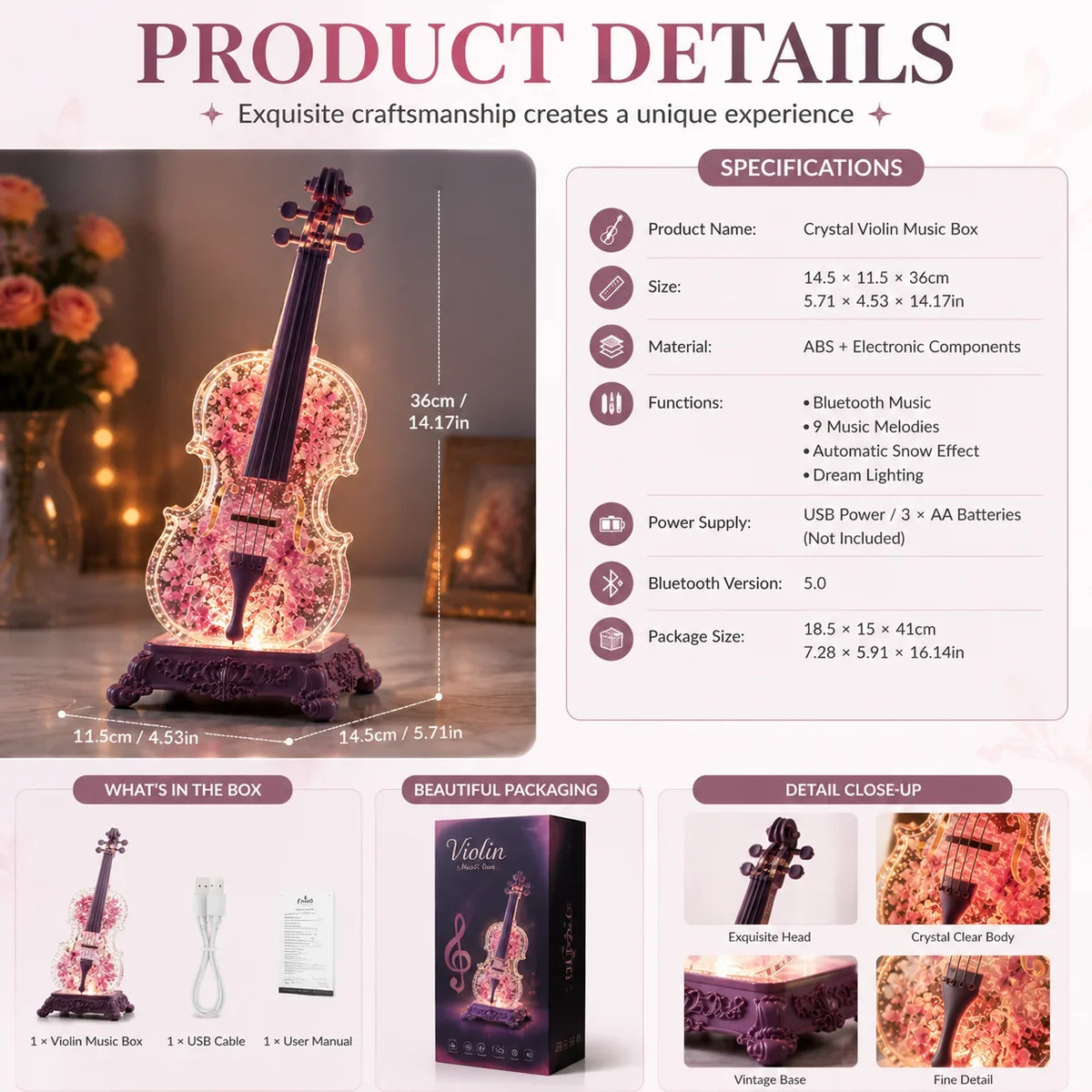 Decorative Crystal Violin Music Box – Bluetooth Speaker With Dream