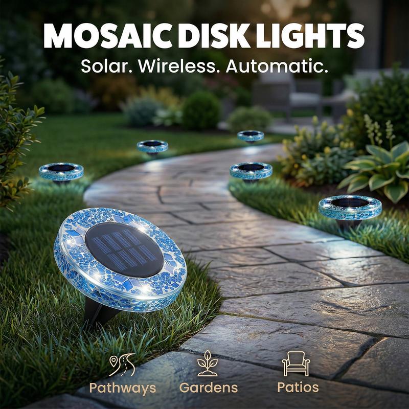4-Pack Solar Mosaic Disc Lights for Outdoor Paths and Gardens