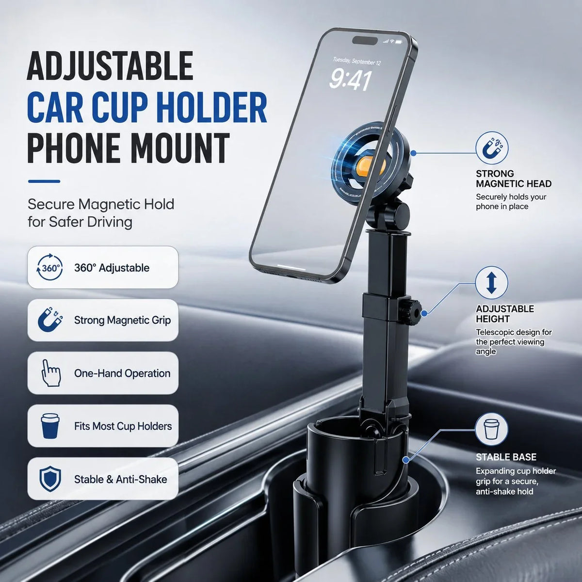 Vehicle-Ready Car Cup Holder Phone Mount – 360° adjustable, strong