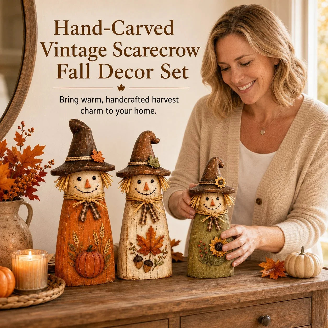 Vehicle-Ready Hand-Carved Vintage Scarecrow Fall Decor
