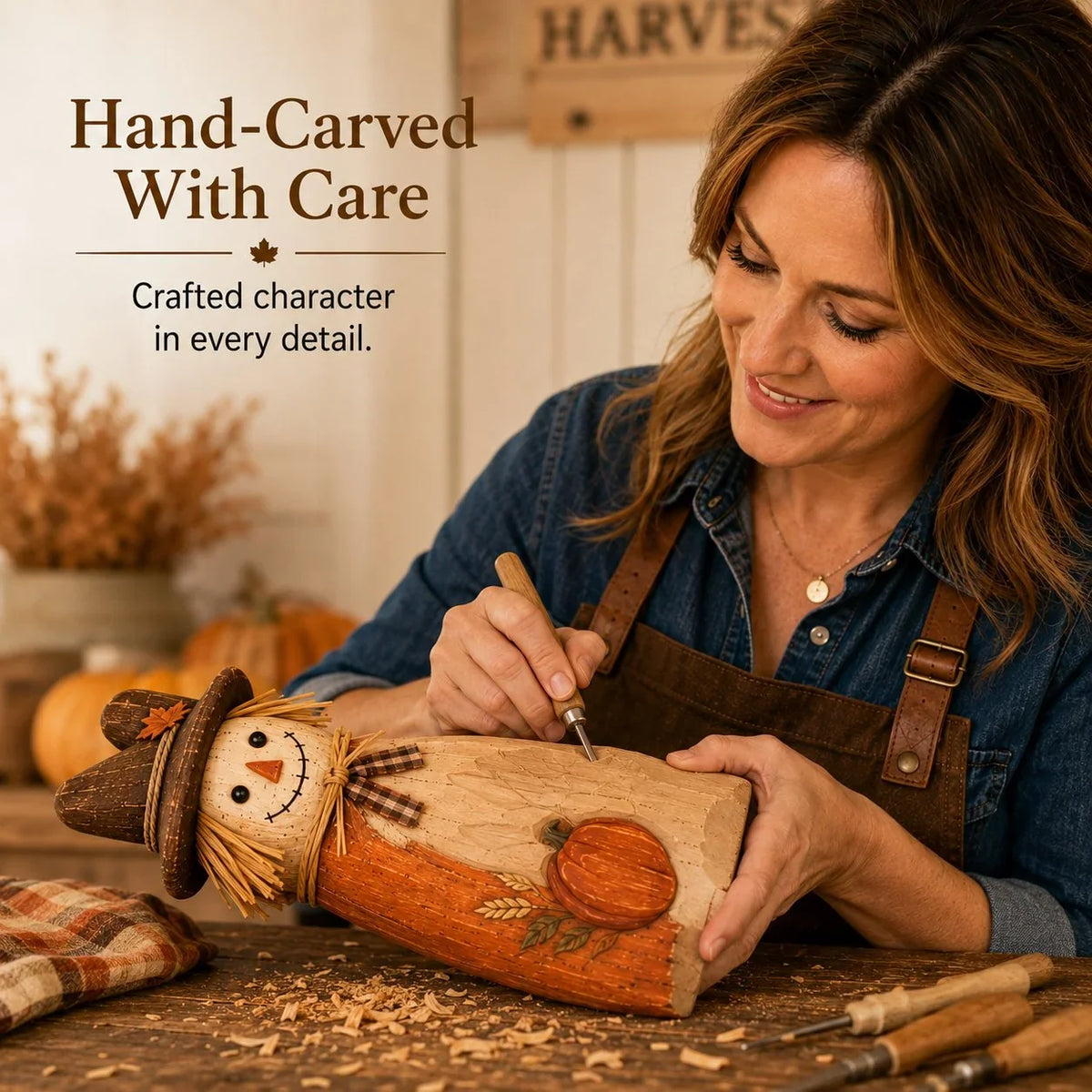 Vehicle-Ready Hand-Carved Vintage Scarecrow Fall Decor