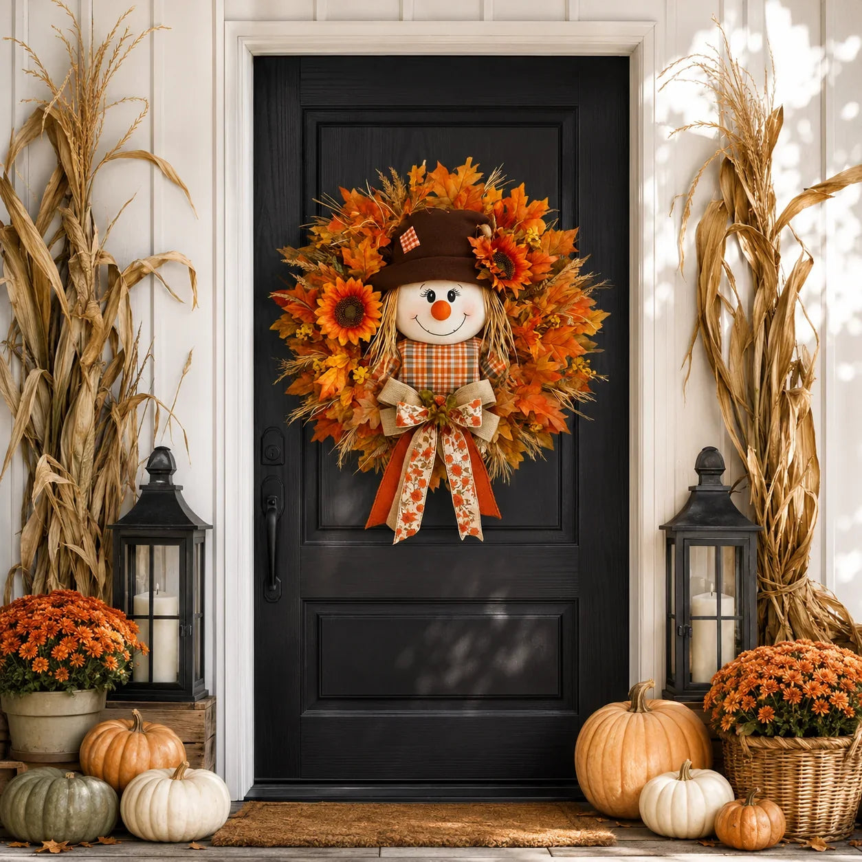 Vehicle-Ready Lighted Scarecrow Fall Wreath for Front