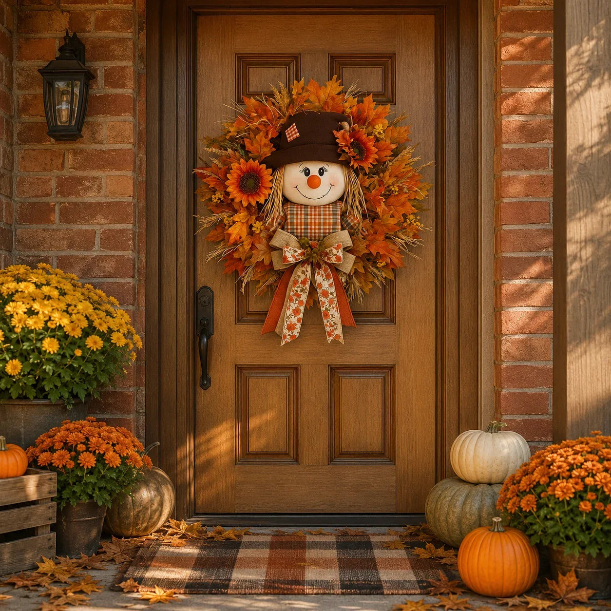 Vehicle-Ready Lighted Scarecrow Fall Wreath for Front