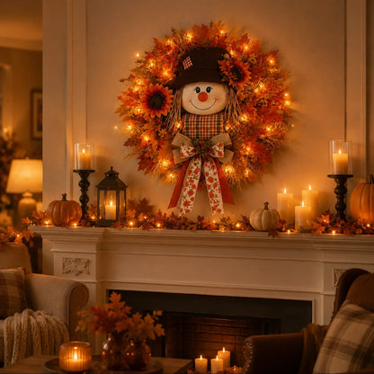 Vehicle-Ready Lighted Scarecrow Fall Wreath for Front