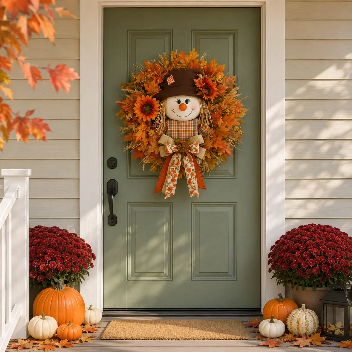 Vehicle-Ready Lighted Scarecrow Fall Wreath for Front
