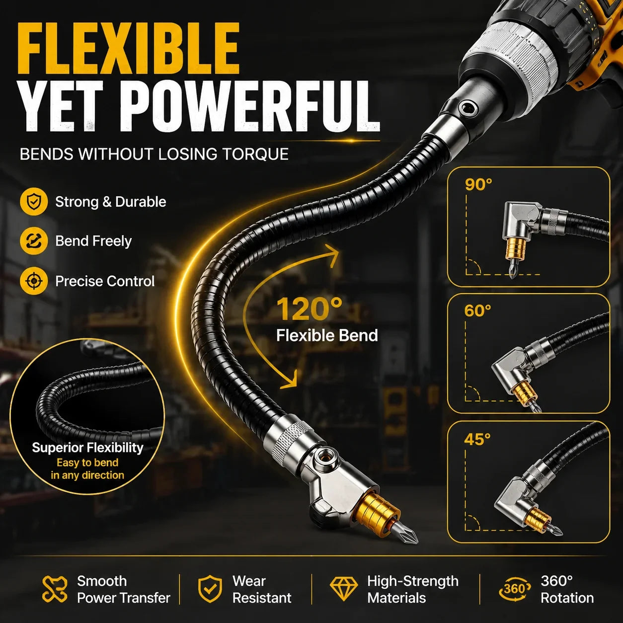 Purpose-Built Flexible 90° Right Angle Drill Attachment – Tight Space