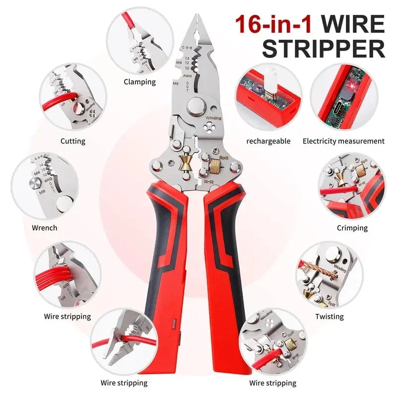 Vehicle-Ready 16 in 1 Wire Stripper Twister for Cutting and Pulling