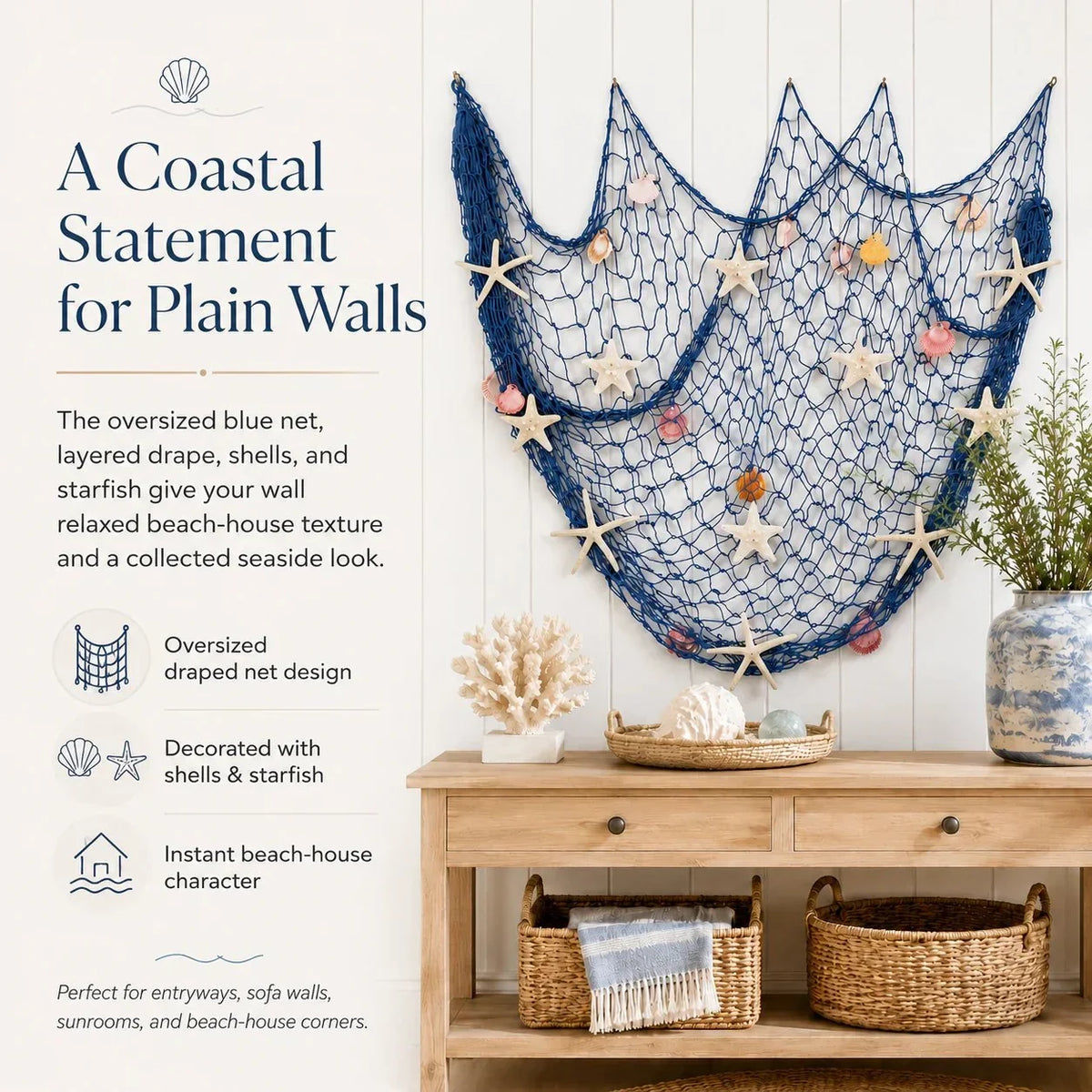 Decorative Coastal Fishing Net Wall Hanging with Fairy
