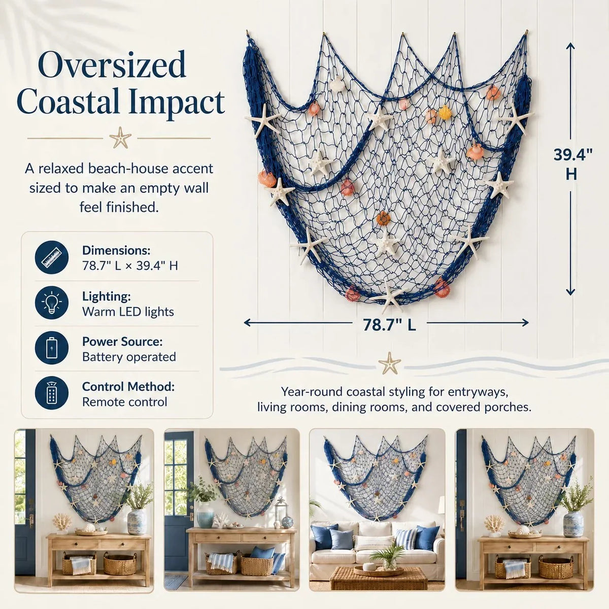 Decorative Coastal Fishing Net Wall Hanging with Fairy