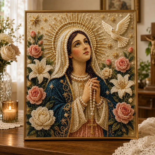 Purpose-Built Divine Pearl Bead Virgin Mary Icon – A Peaceful DIY