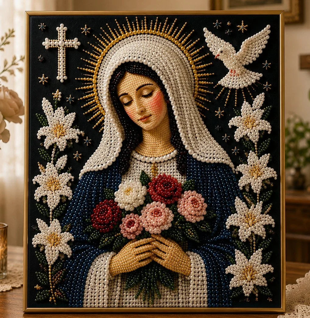 Purpose-Built Divine Pearl Bead Virgin Mary Icon – A Peaceful DIY