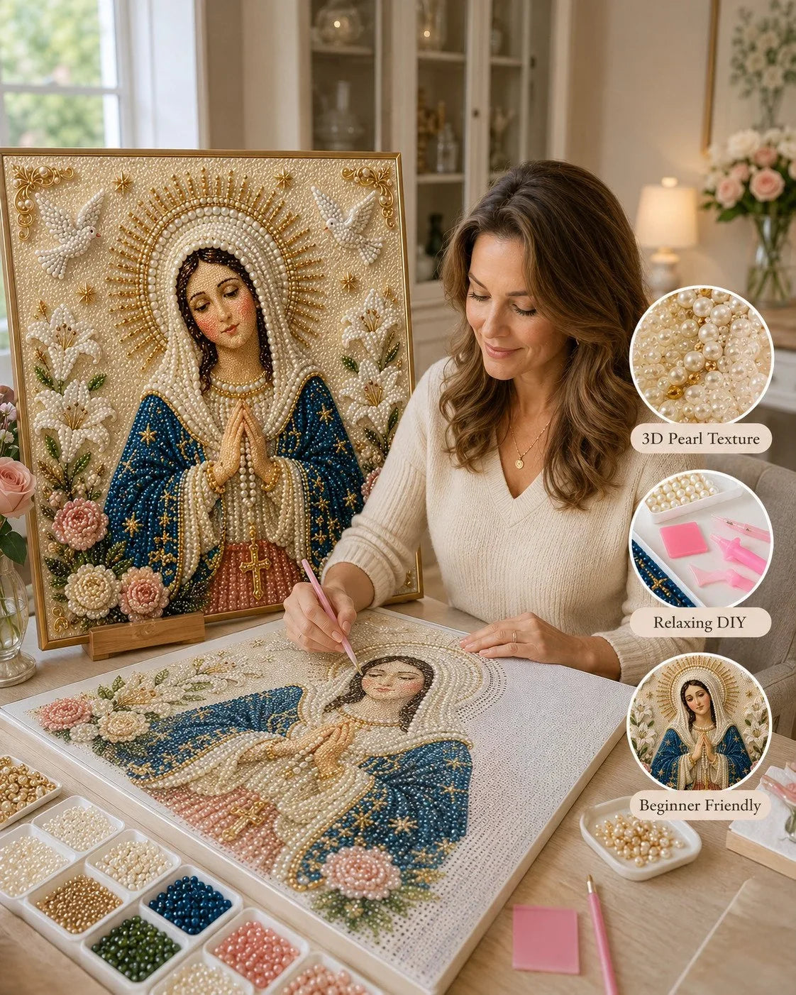 Purpose-Built Divine Pearl Bead Virgin Mary Icon – A Peaceful DIY