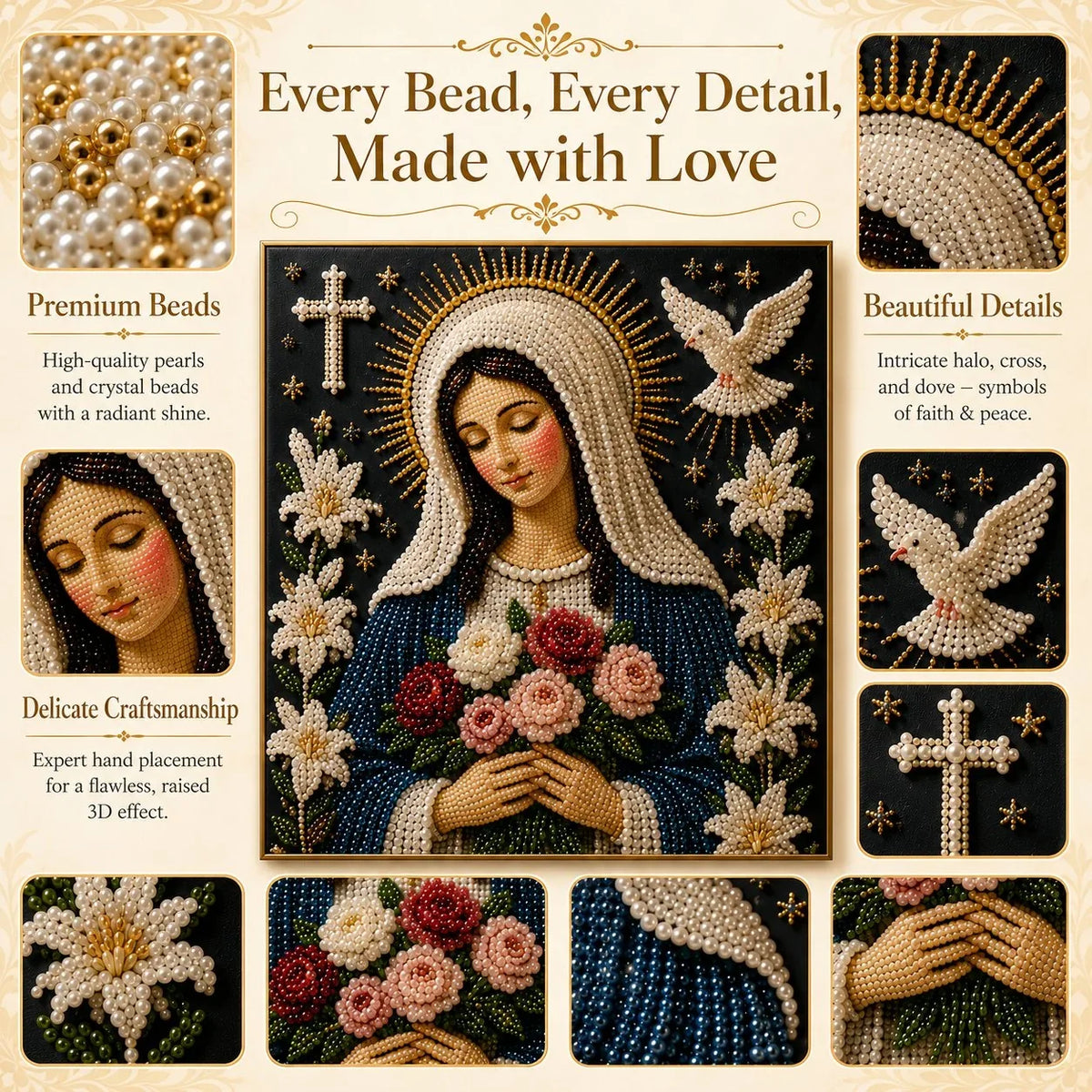 Purpose-Built Divine Pearl Bead Virgin Mary Icon – A Peaceful DIY