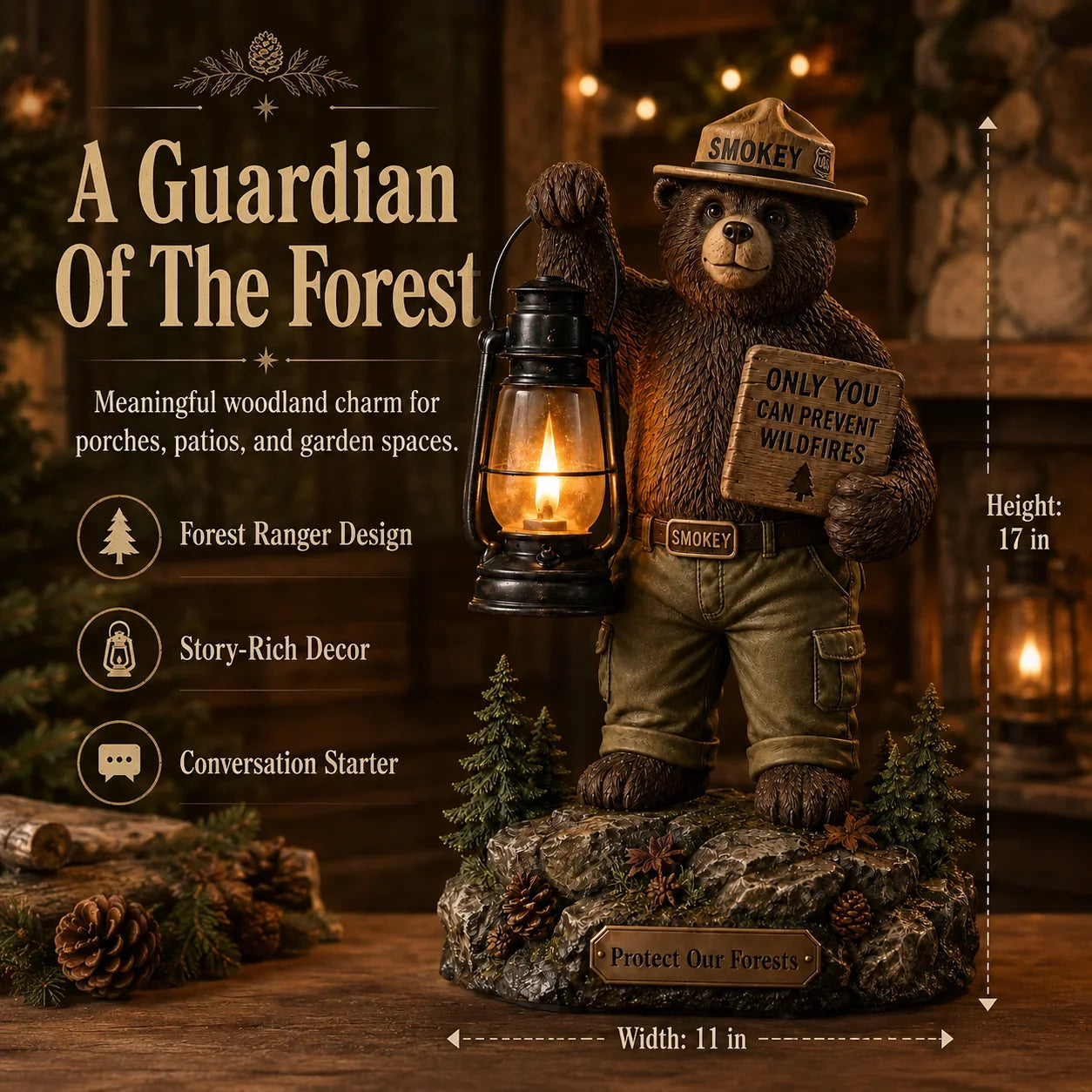 Outdoor Solar Forest Ranger Bear Lantern Statue for Garden Display