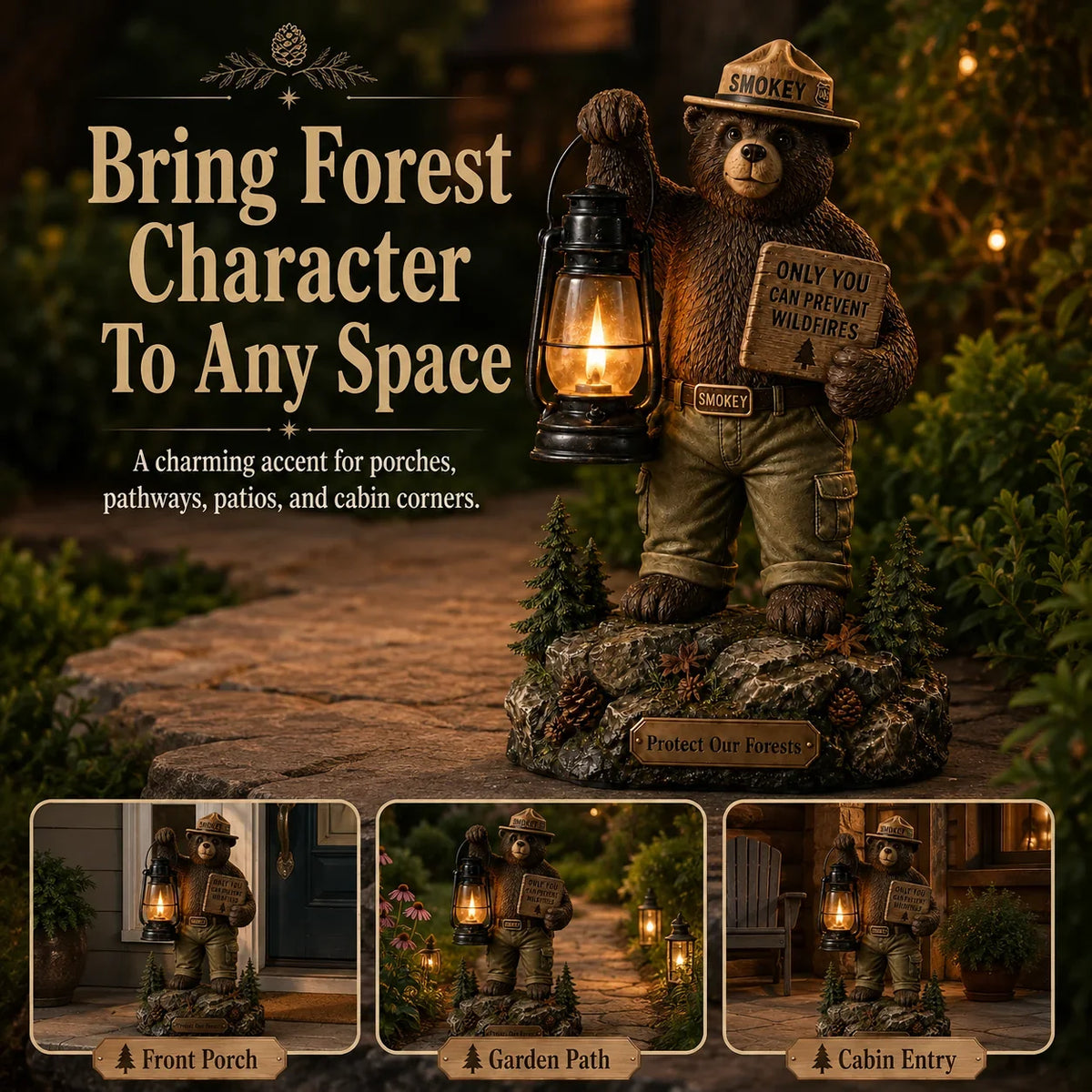 Outdoor Solar Forest Ranger Bear Lantern Statue for Garden Display