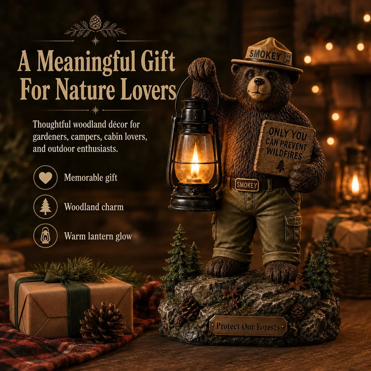 Outdoor Solar Forest Ranger Bear Lantern Statue for Garden Display