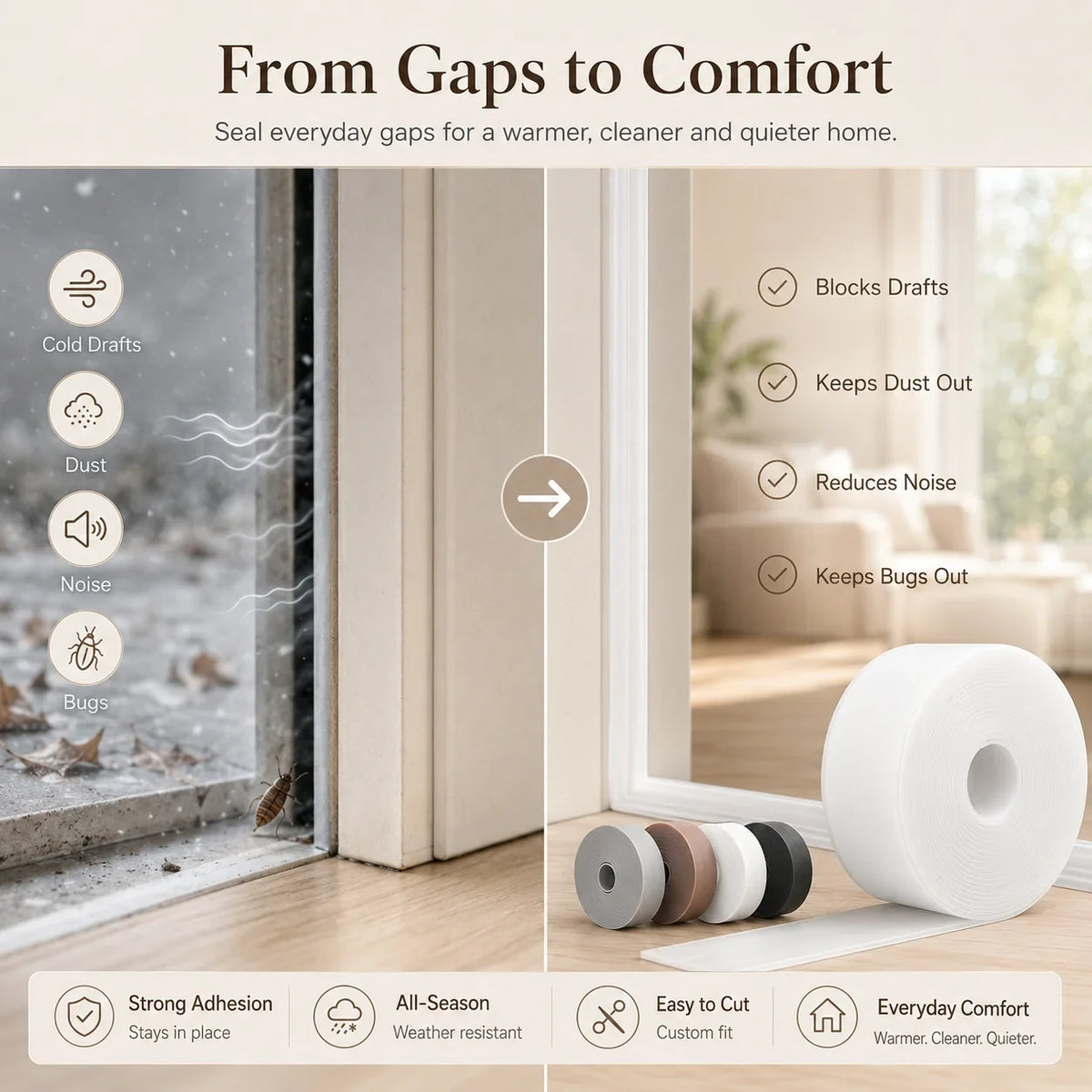 Space-Saving 16.4Ft Door Weather Stripping – Adhesive Draft Stopper
