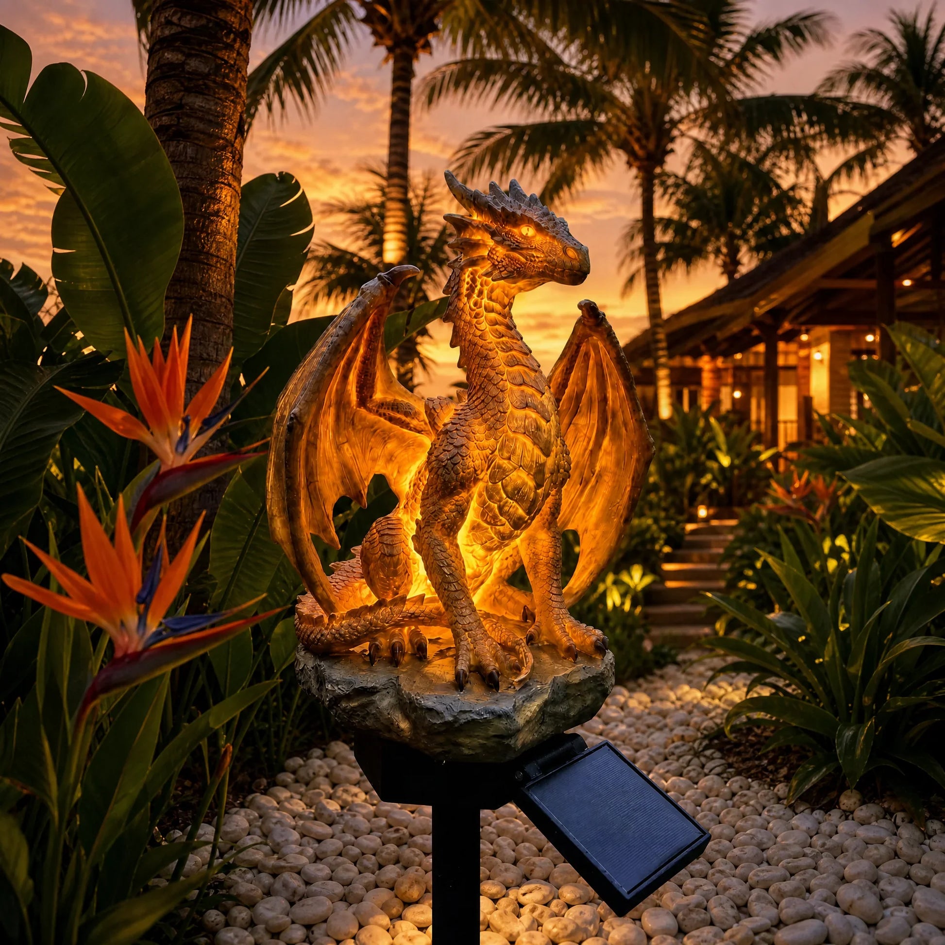 Solar Dragon Statue with Golden Ember Garden Glow