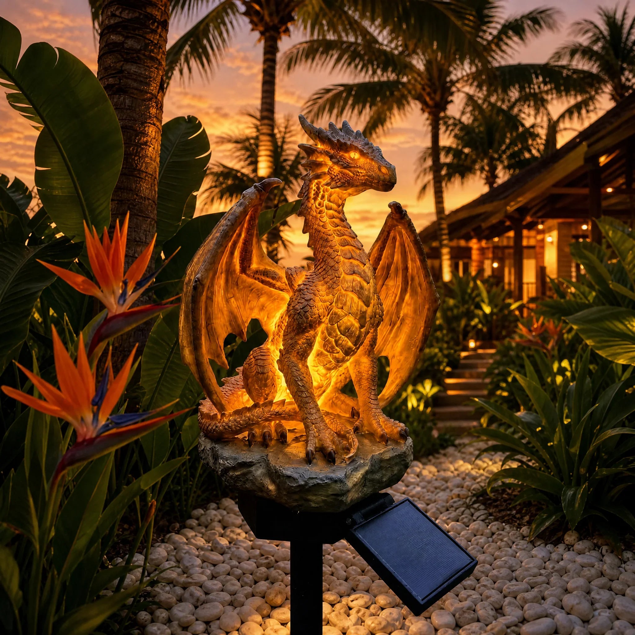 Solar Dragon Statue with Golden Ember Garden Glow