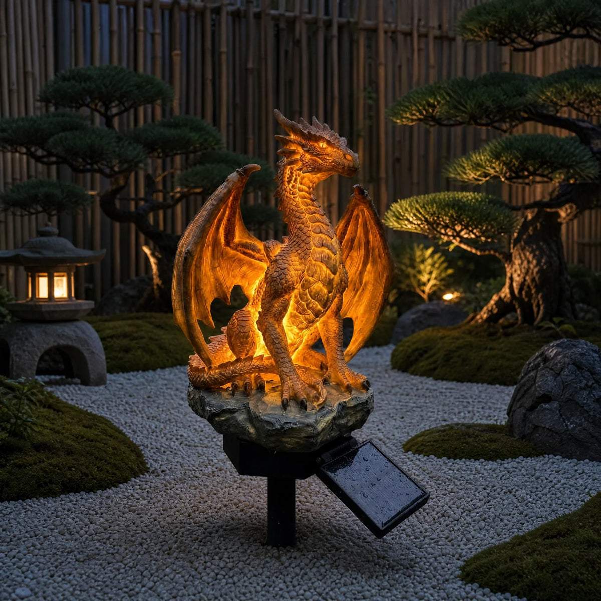 Solar Dragon Statue with Golden Ember Garden Glow