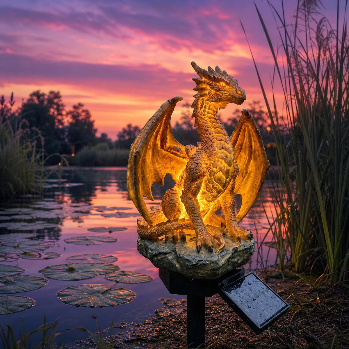 Solar Dragon Statue with Golden Ember Garden Glow