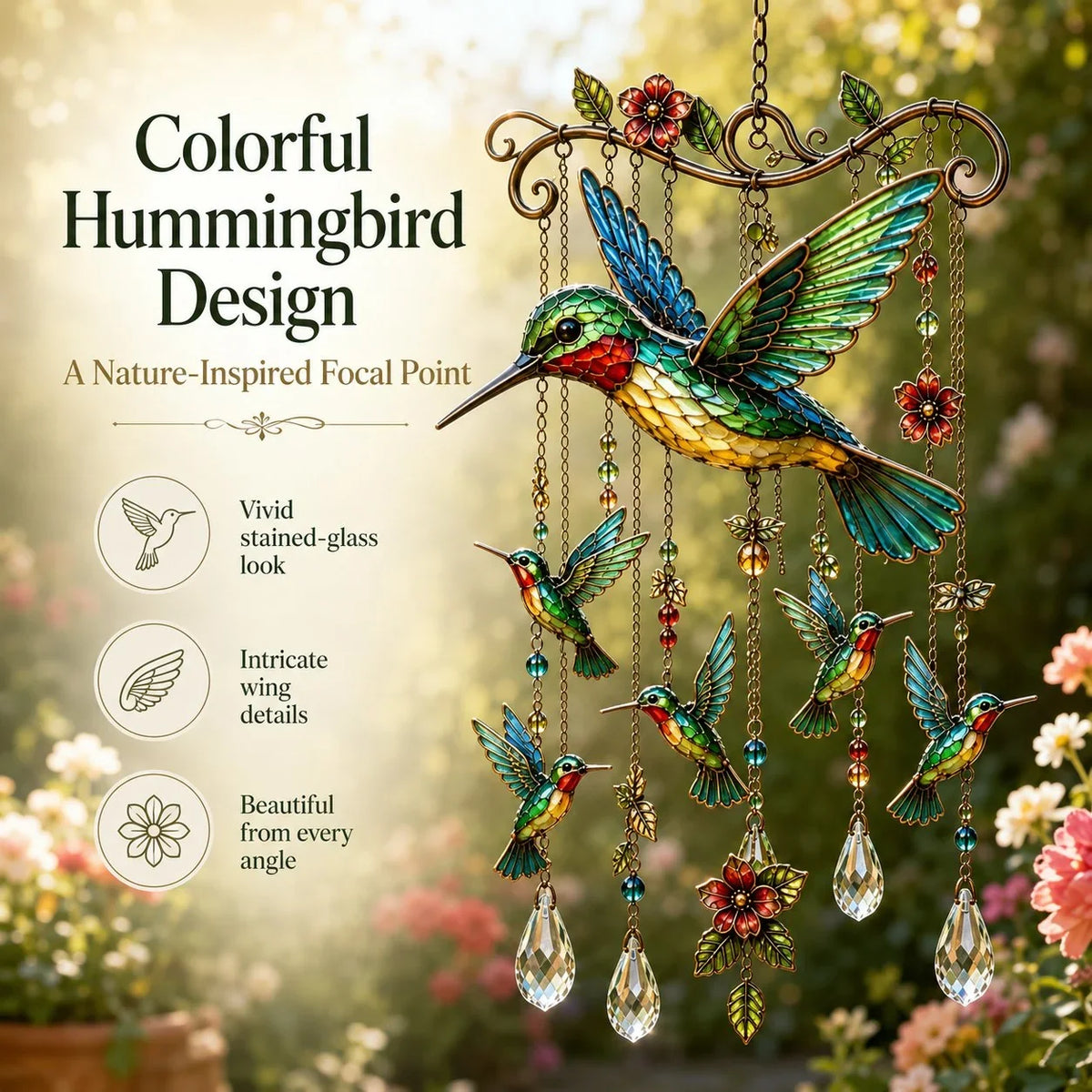 Outdoor-Ready Hummingbird – Chime Suncatcher for Garden Display