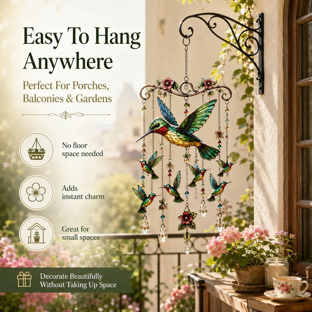 Outdoor-Ready Hummingbird – Chime Suncatcher for Garden Display