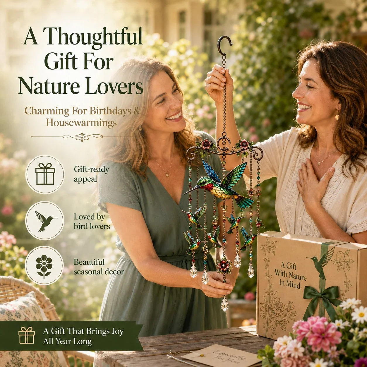 Outdoor-Ready Hummingbird – Chime Suncatcher for Garden Display