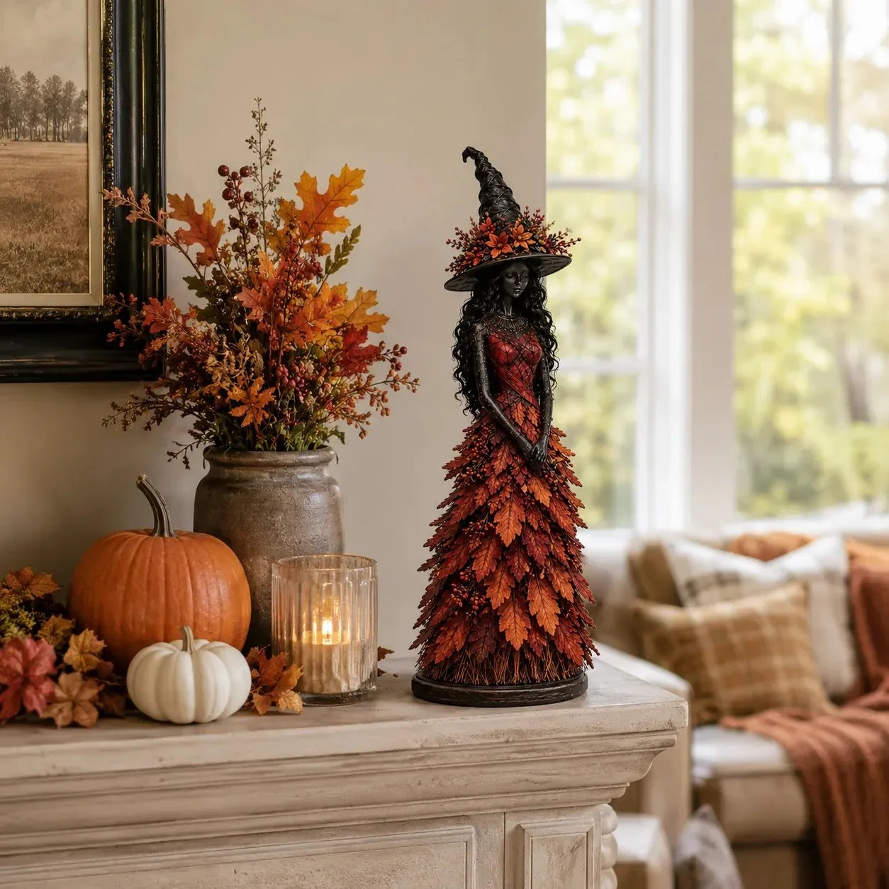 Enchanted Autumn Witch Figurine for Halloween and Fall Decor