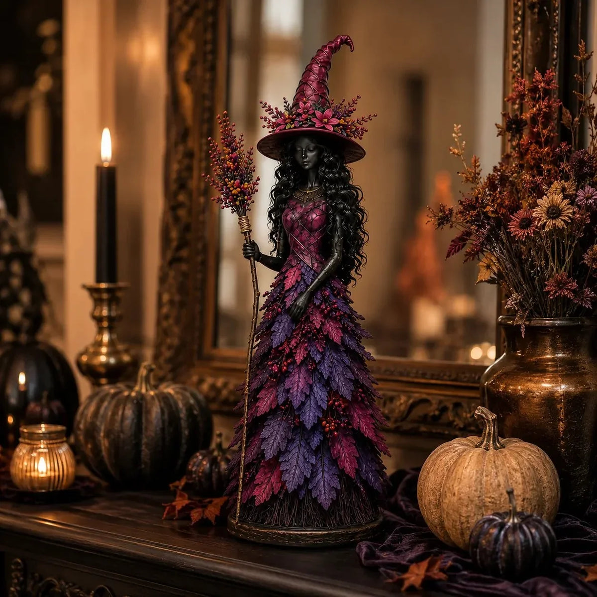 Enchanted Autumn Witch Figurine for Halloween and Fall Decor
