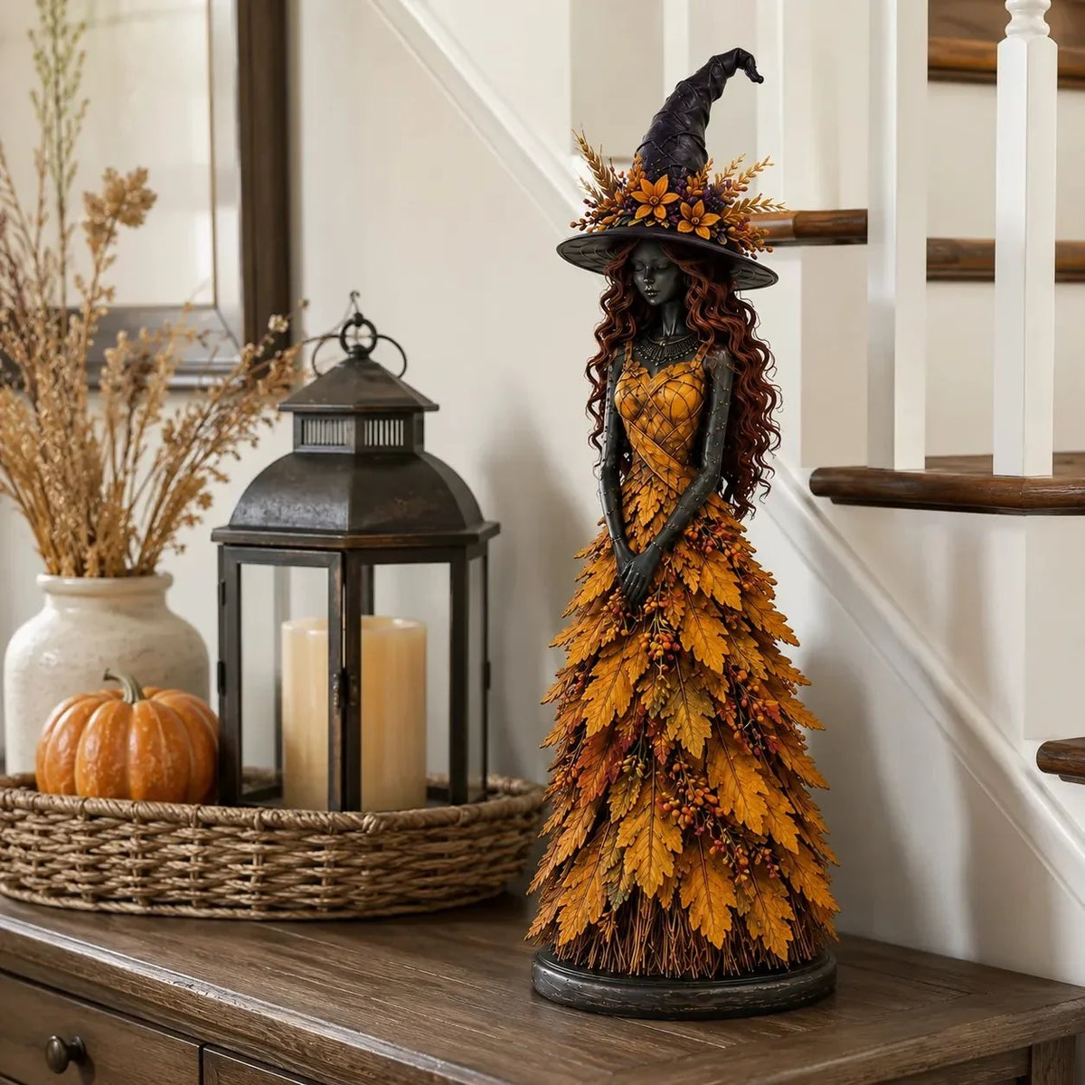 Enchanted Autumn Witch Figurine for Halloween and Fall Decor