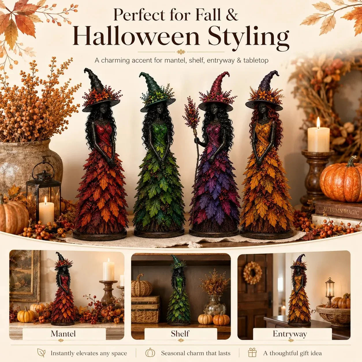 Enchanted Autumn Witch Figurine for Halloween and Fall Decor