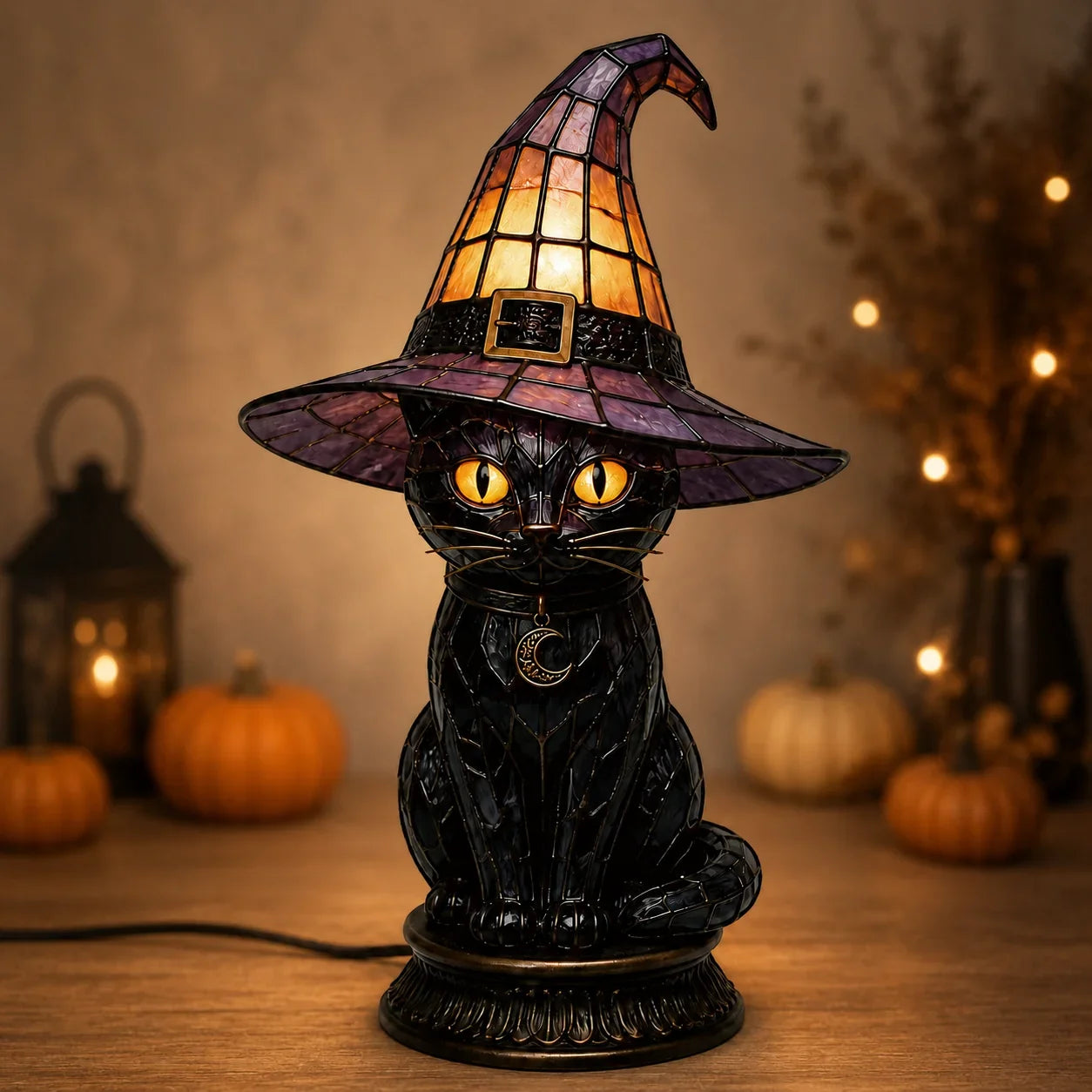 Decorative Exclusive Item Gothic Stained Glass Witch Black Cat Table