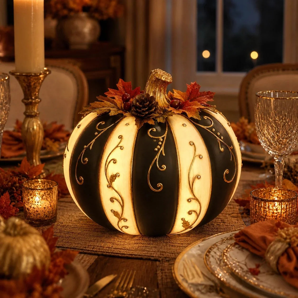 Lighted Black and Ivory Pumpkin Halloween Decor with Remote Control