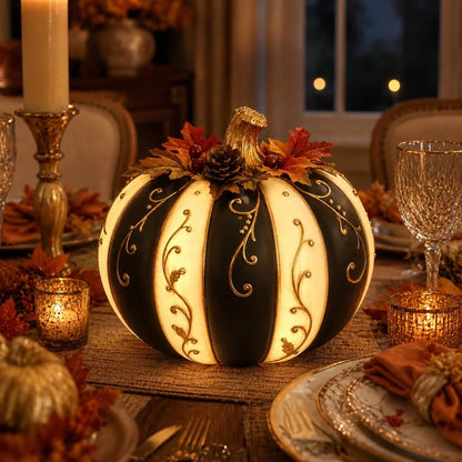 Lighted Black and Ivory Pumpkin Halloween Decor with Remote Control