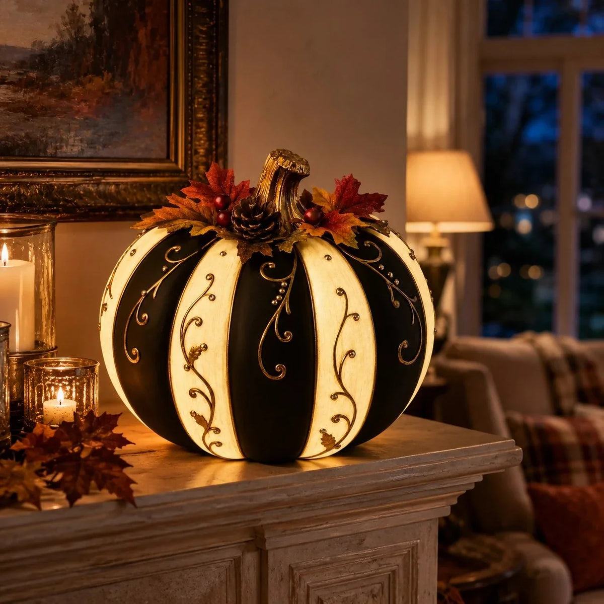 Lighted Black and Ivory Pumpkin Halloween Decor with Remote Control