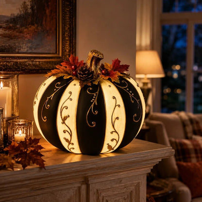 Lighted Black and Ivory Pumpkin Halloween Decor with Remote Control