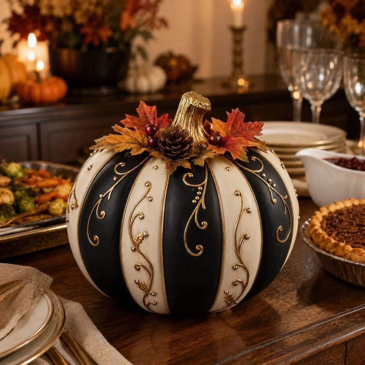 Lighted Black and Ivory Pumpkin Halloween Decor with Remote Control