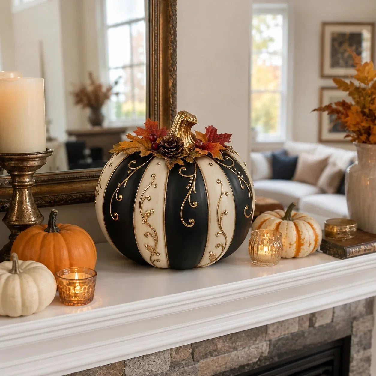 Lighted Black and Ivory Pumpkin Halloween Decor with Remote Control