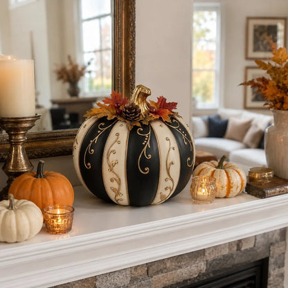 Lighted Black and Ivory Pumpkin Halloween Decor with Remote Control